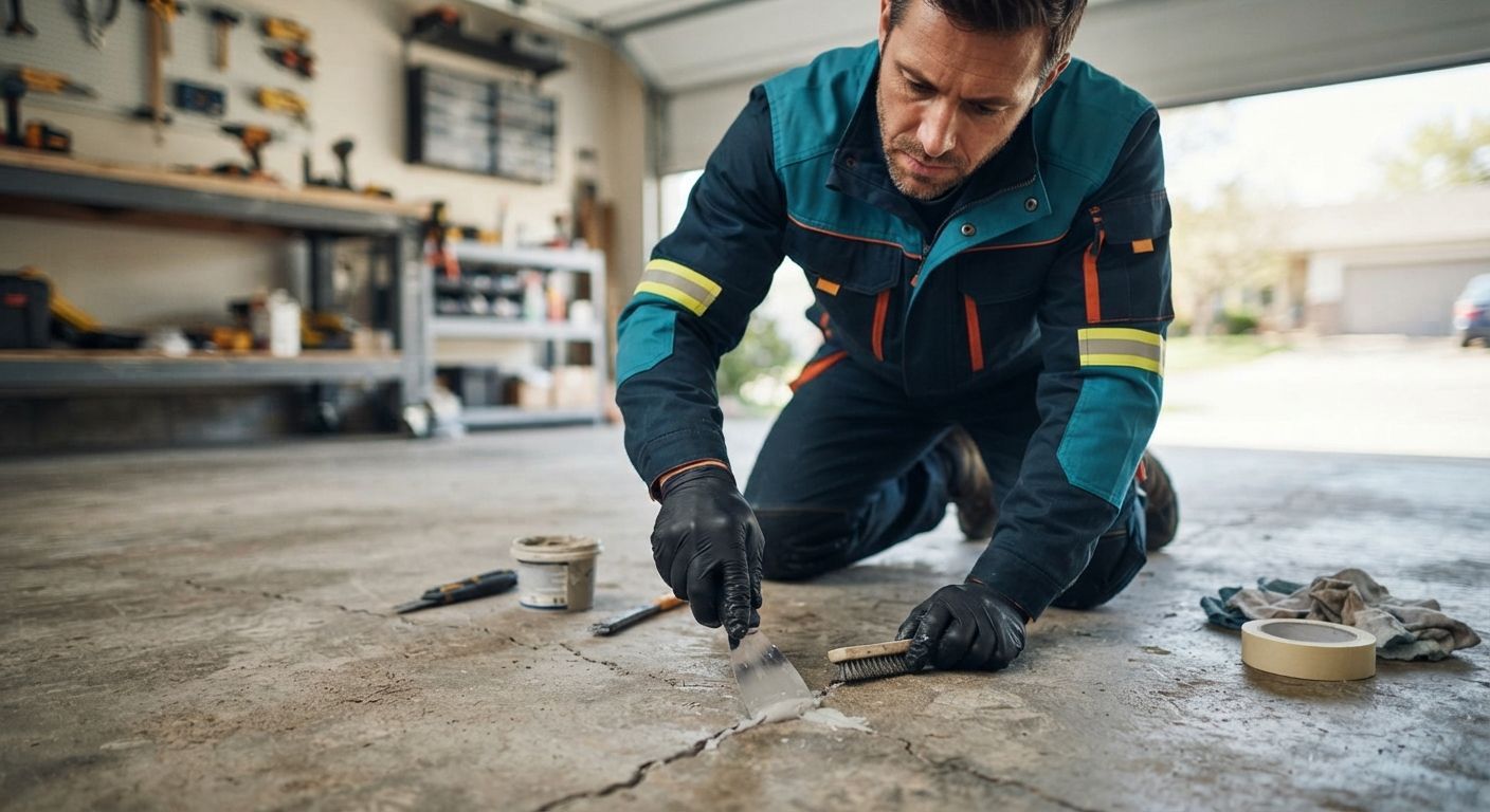 Professional technician repairing concrete cracks before epoxy floor coating