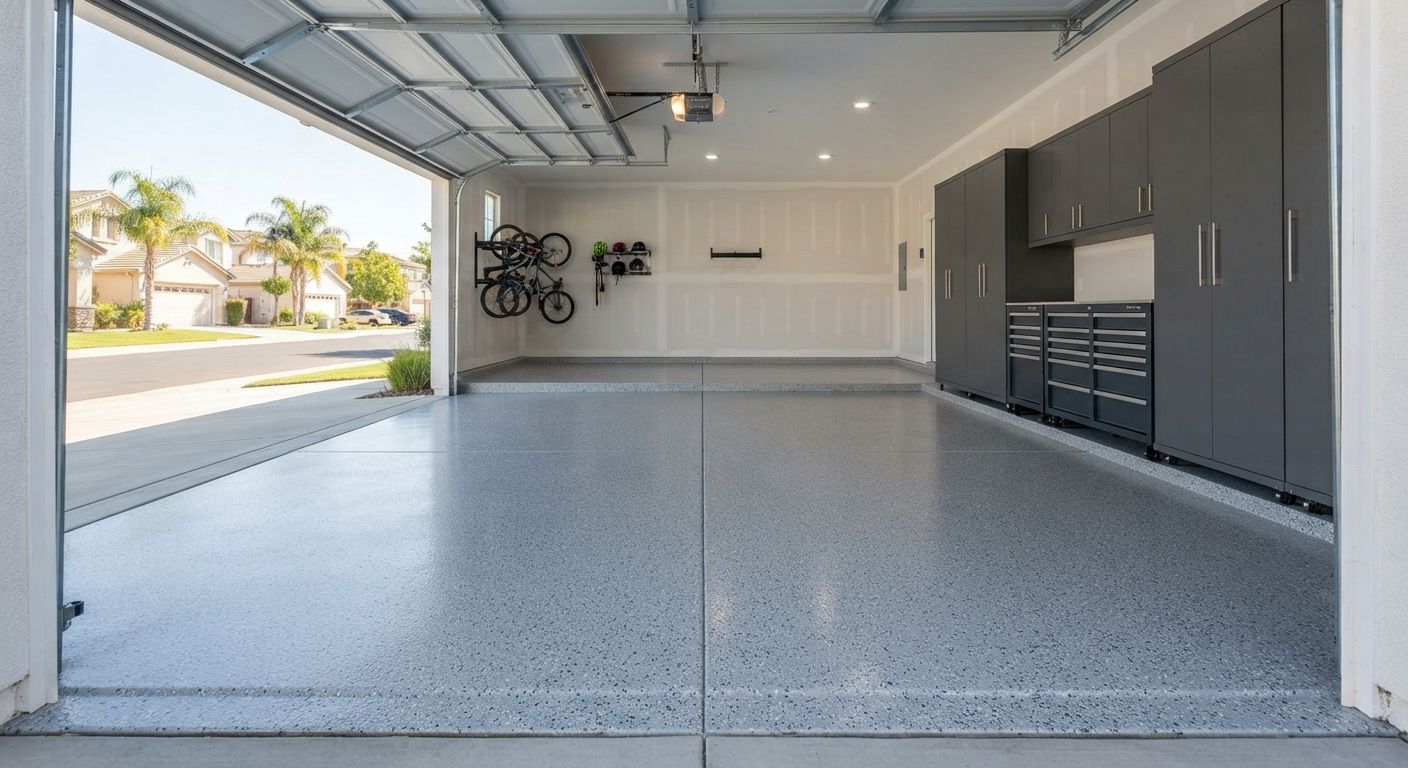 Completed epoxy garage flooring with a clean decorative flake finish in Citrus Heights