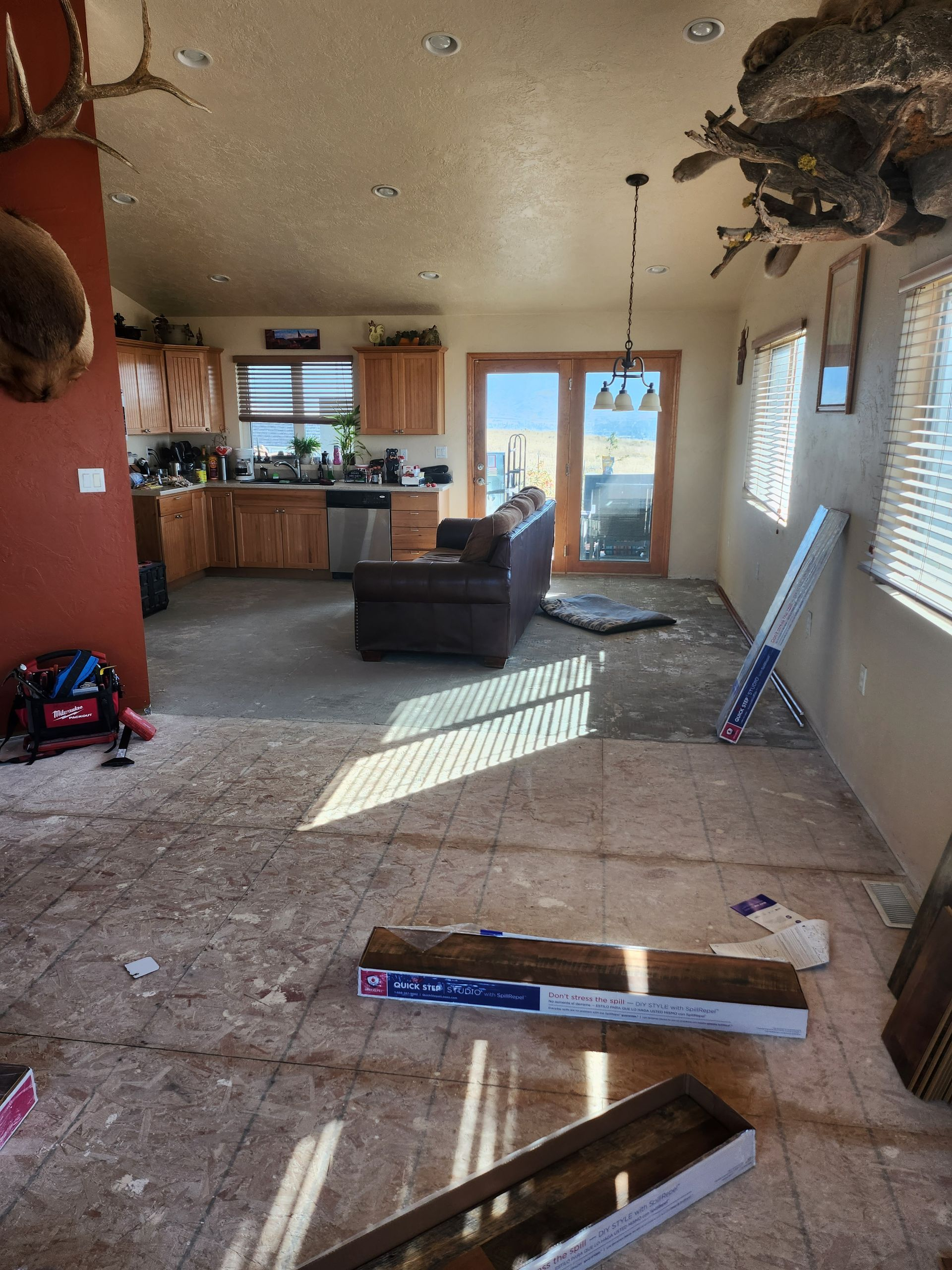 Room under renovation, exposed subfloor, cabinets and a couch visible. Flooring materials, doors, and windows are present.