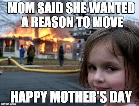 Girl smirks in front of a burning house. Text reads,