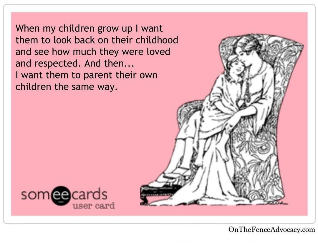 Pink card with text about wanting children to feel loved, showing a mother and child in a chair.