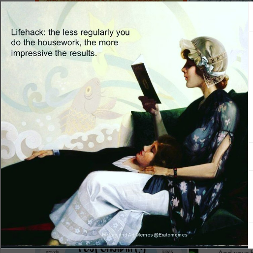 Woman reading while another woman rests head in her lap. Text: Lifehack: less housework, more impressive results.