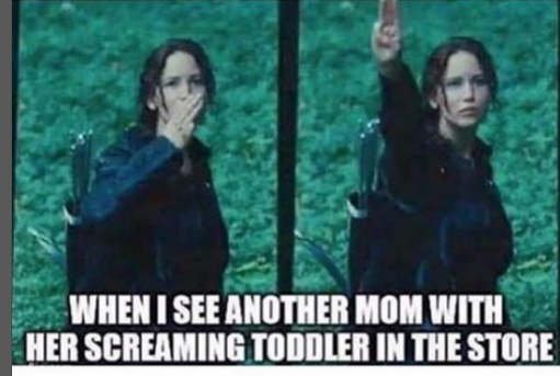 Two panels show a woman from The Hunger Games. One covers her mouth; the other raises a hand. Text: