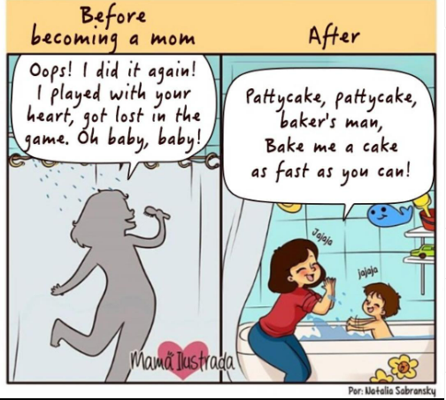 Comic showing a woman singing passionately in a shower before motherhood, then singing
