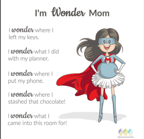 Illustration of a woman dressed as a superhero, with text listing things she wonders about.