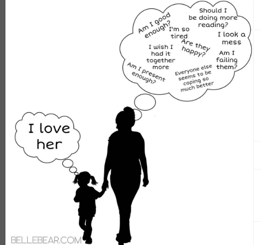Silhouette of a mother and child holding hands. Thought bubbles show