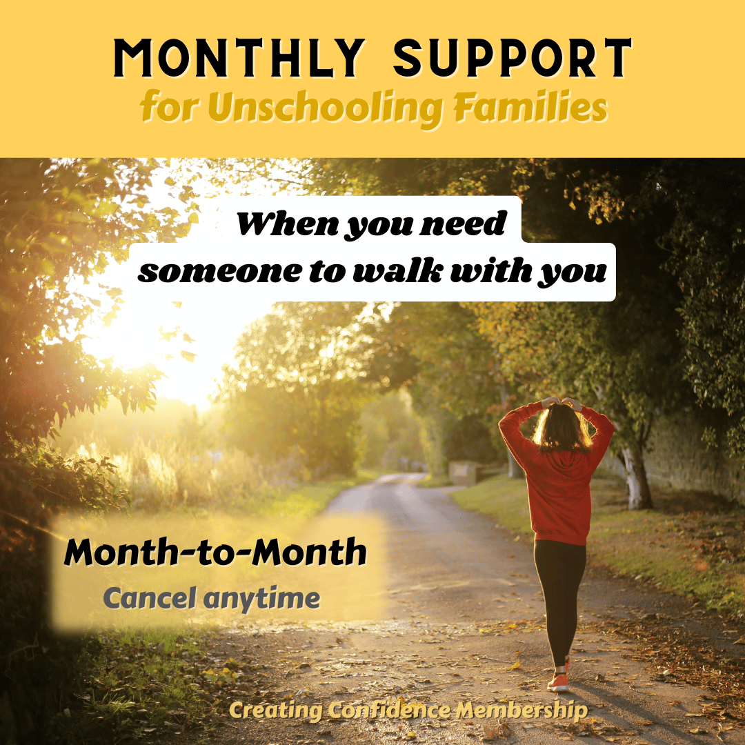 Advertisement for monthly support for unschooling families, featuring a person walking down a road toward the sun.