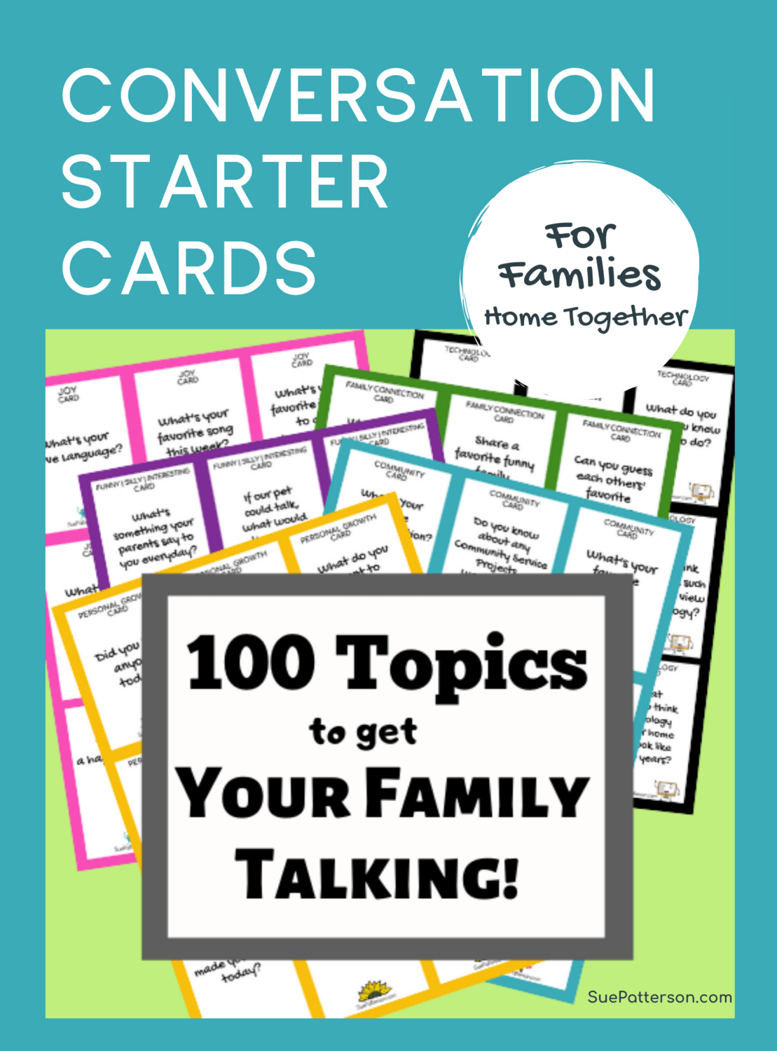 Conversation starter cards for families, with 100 topics to encourage talking.