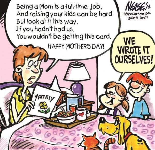 A cartoon shows a mom in bed with a tray, reading a handmade Mother's Day card from her kids.