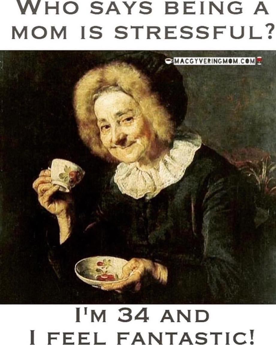 Satirical meme: An elderly woman, holding a teacup, smiles beneath text: