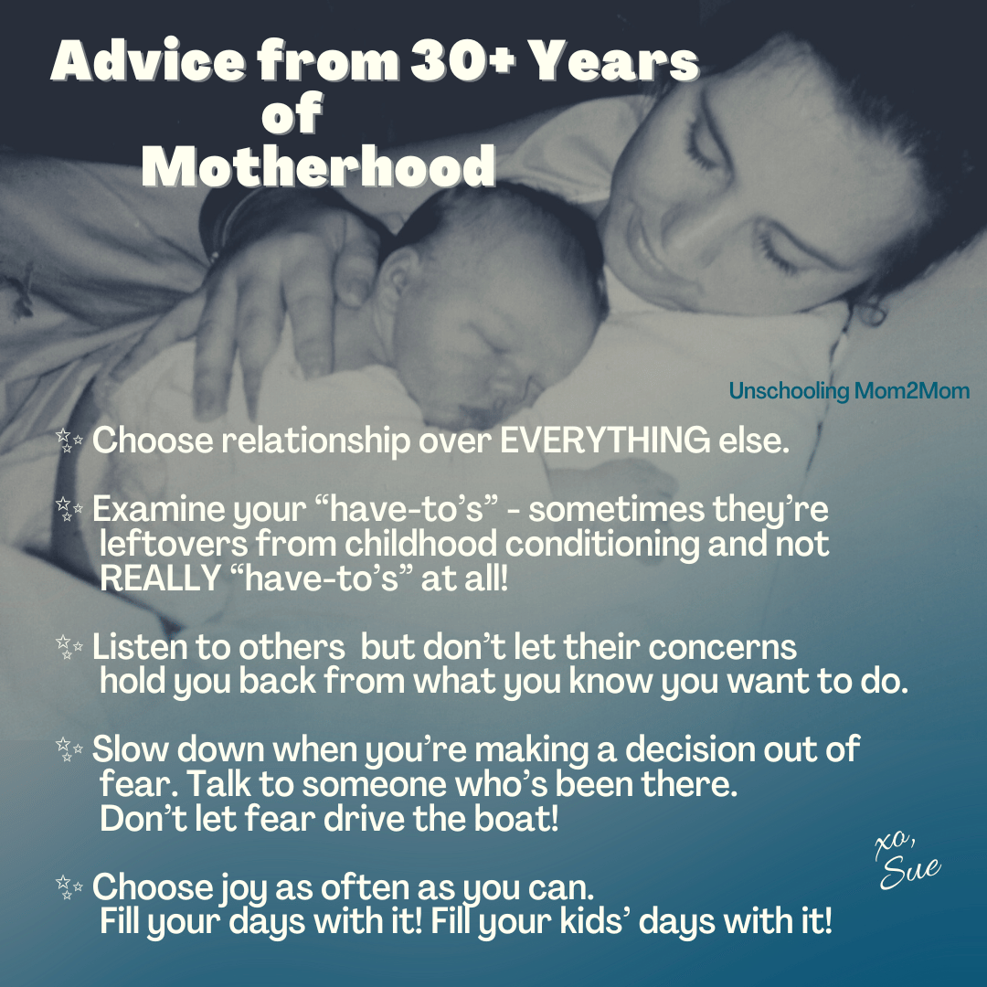 A mother and baby, with advice about motherhood. Text includes