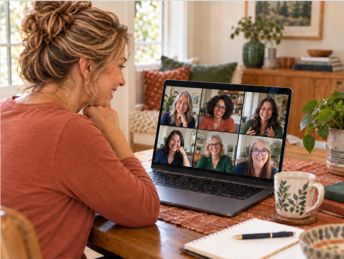 Person on laptop video call at home, smiling with four participants on screen at a wooden desk