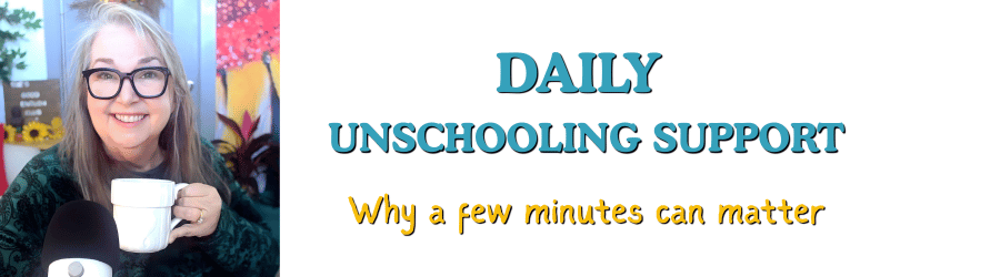 Daily Unschooling Support for Homeschooling Parents - Sue Patterson at her desk with coffee