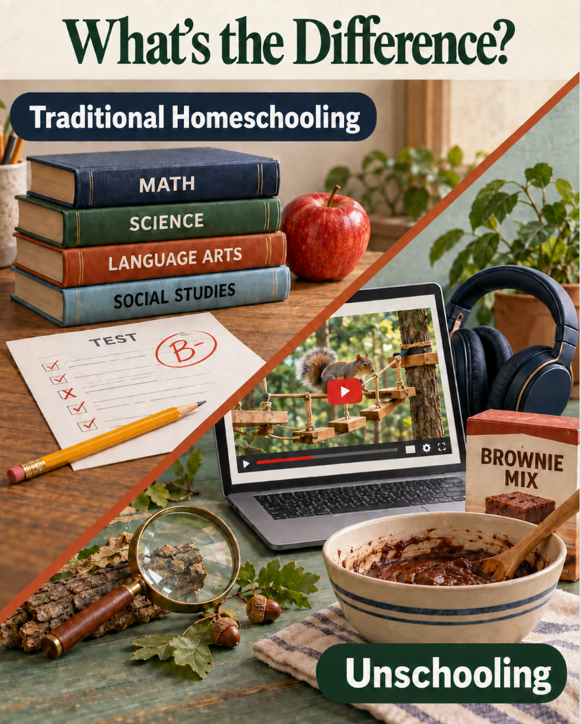 “Traditional Homeschooling” and “Unschooling” comparison collage with books, laptop, headphones, and baking items