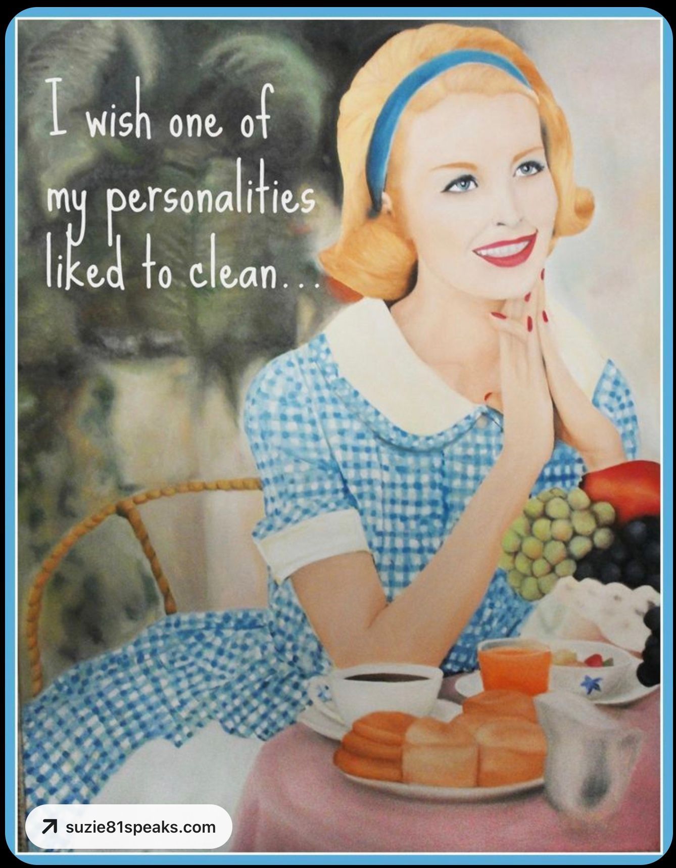 Woman in blue gingham dress wishes for a personality that likes cleaning, next to a breakfast spread.