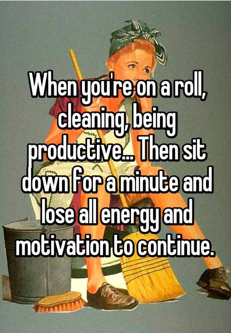 A woman rests with cleaning supplies. Text reads