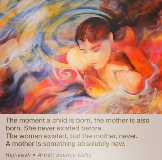 Colorful painting of a mother and newborn child. Text: