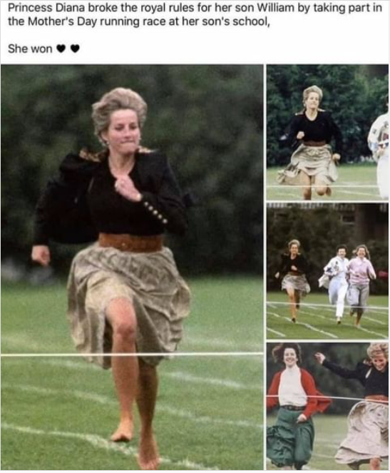 Princess Diana running barefoot in a school race.