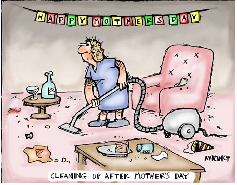 Woman vacuums a messy room on Mother's Day, under a