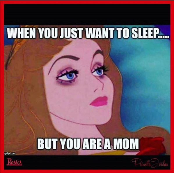 Sleeping Beauty with dark circles under her eyes, text reads: