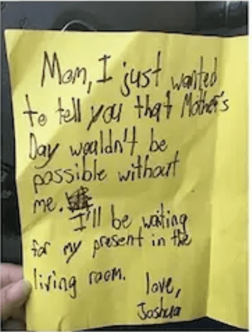 Yellow sticky note with a handwritten Mother's Day message, saying