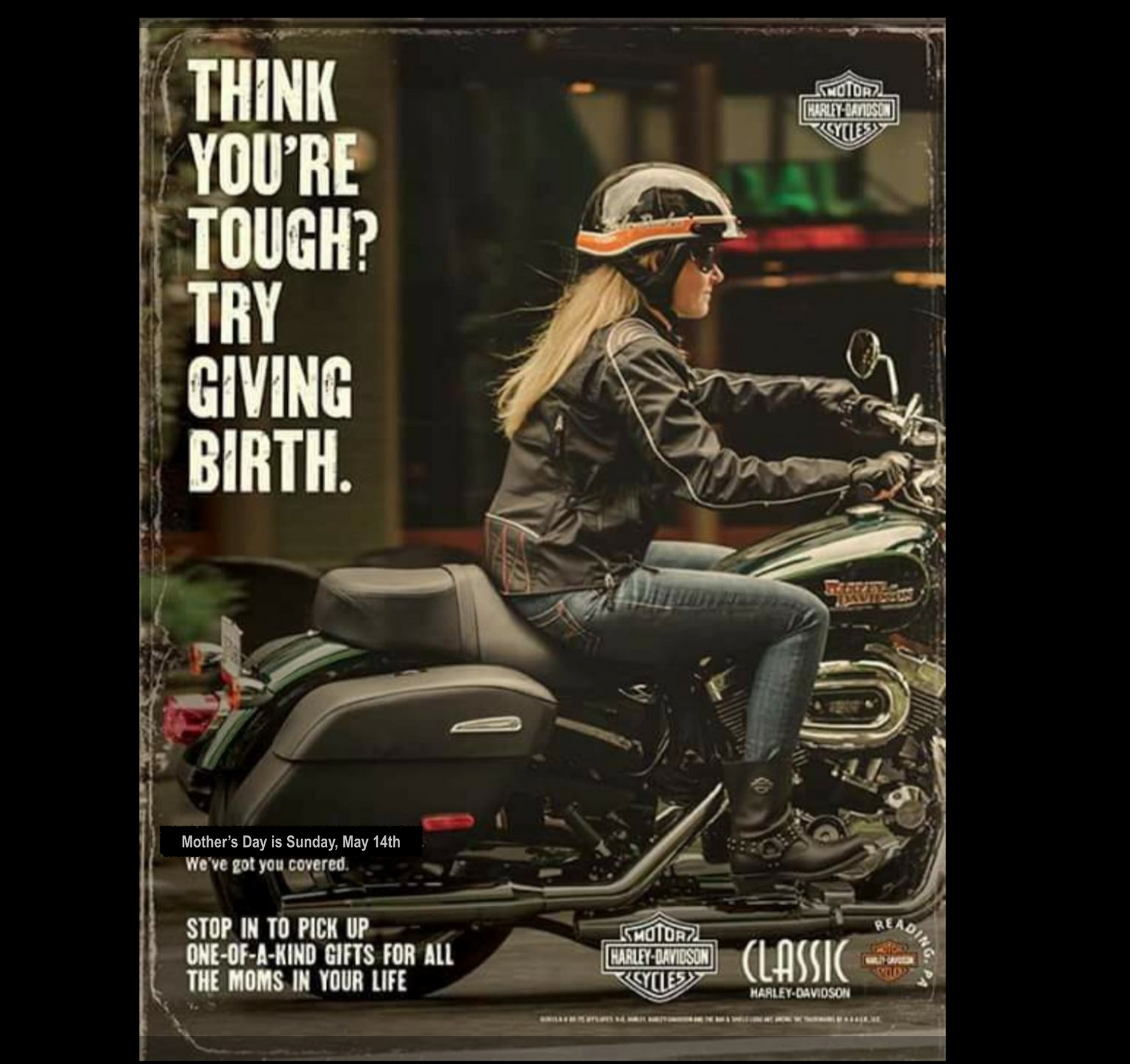 Woman riding a Harley-Davidson motorcycle with text that reads,