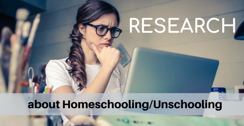 Woman using laptop in a bright office with the word “RESEARCH” and text about homeschooling/unschooling
