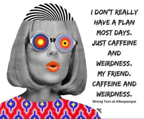 Woman with swirl-patterned head and psychedelic glasses, text: