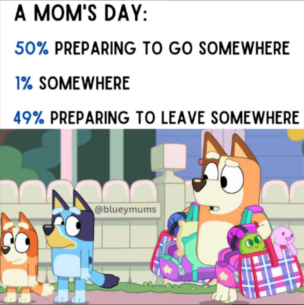 Cartoon showing a mom and two kids. Text says