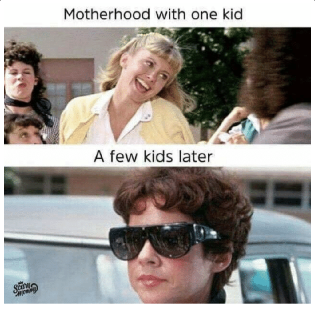 Grease movie meme comparing motherhood with one kid (happy) to multiple kids (tougher), using Olivia Newton-John's characters.