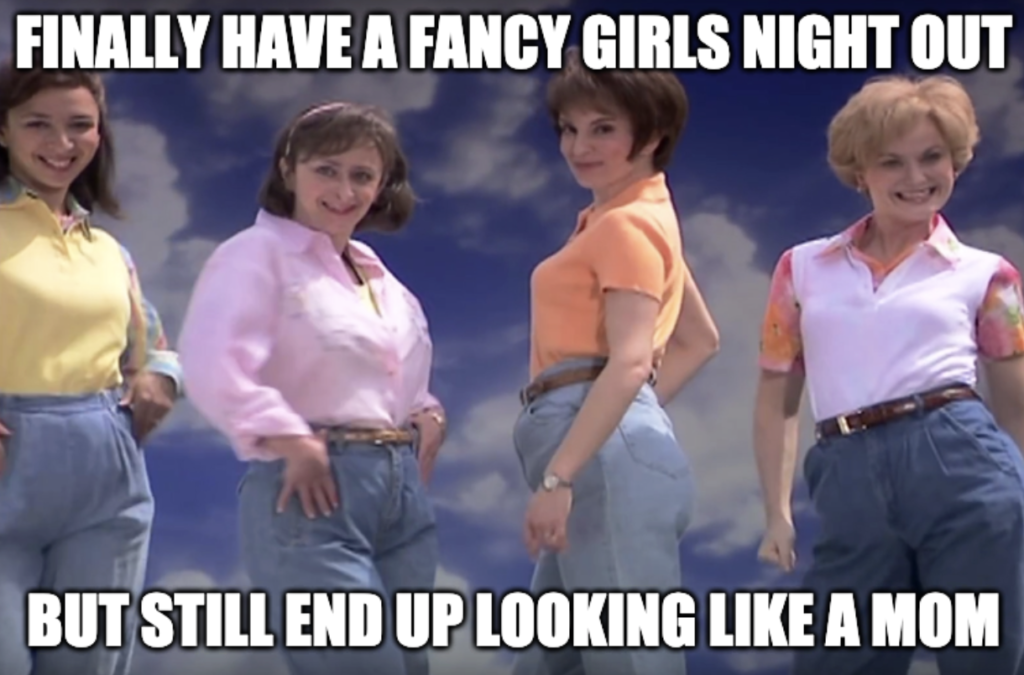 Four women in casual outfits posing, text reads: