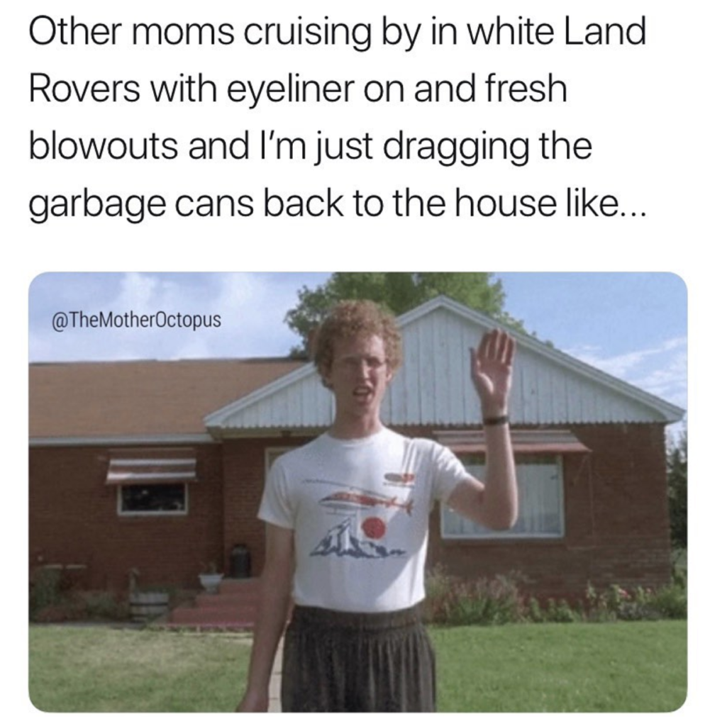 Humorous meme: Man in front of house waves while text describes contrasting lifestyles of other mothers.