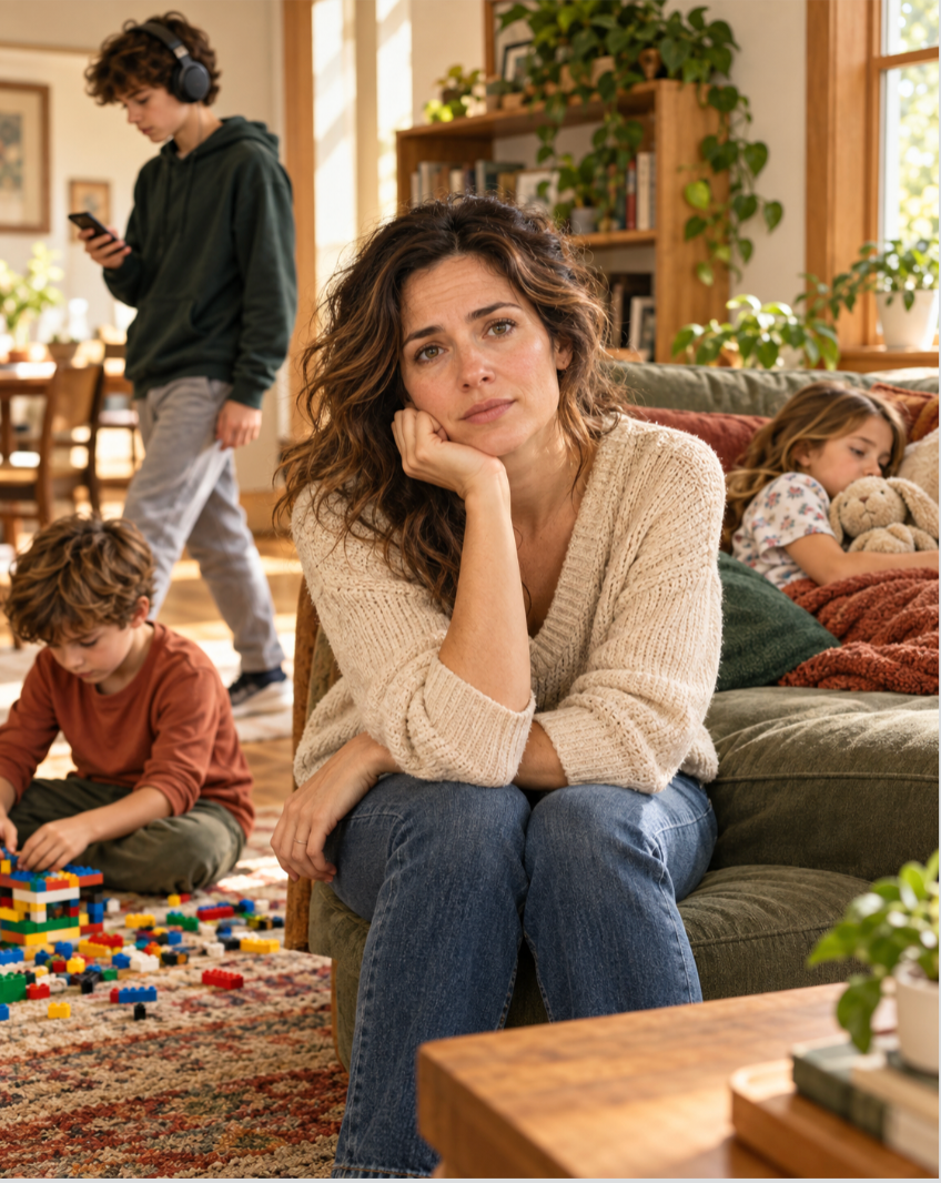 Woman sitting on a couch in a cozy living room while children play with toys on the floor nearby