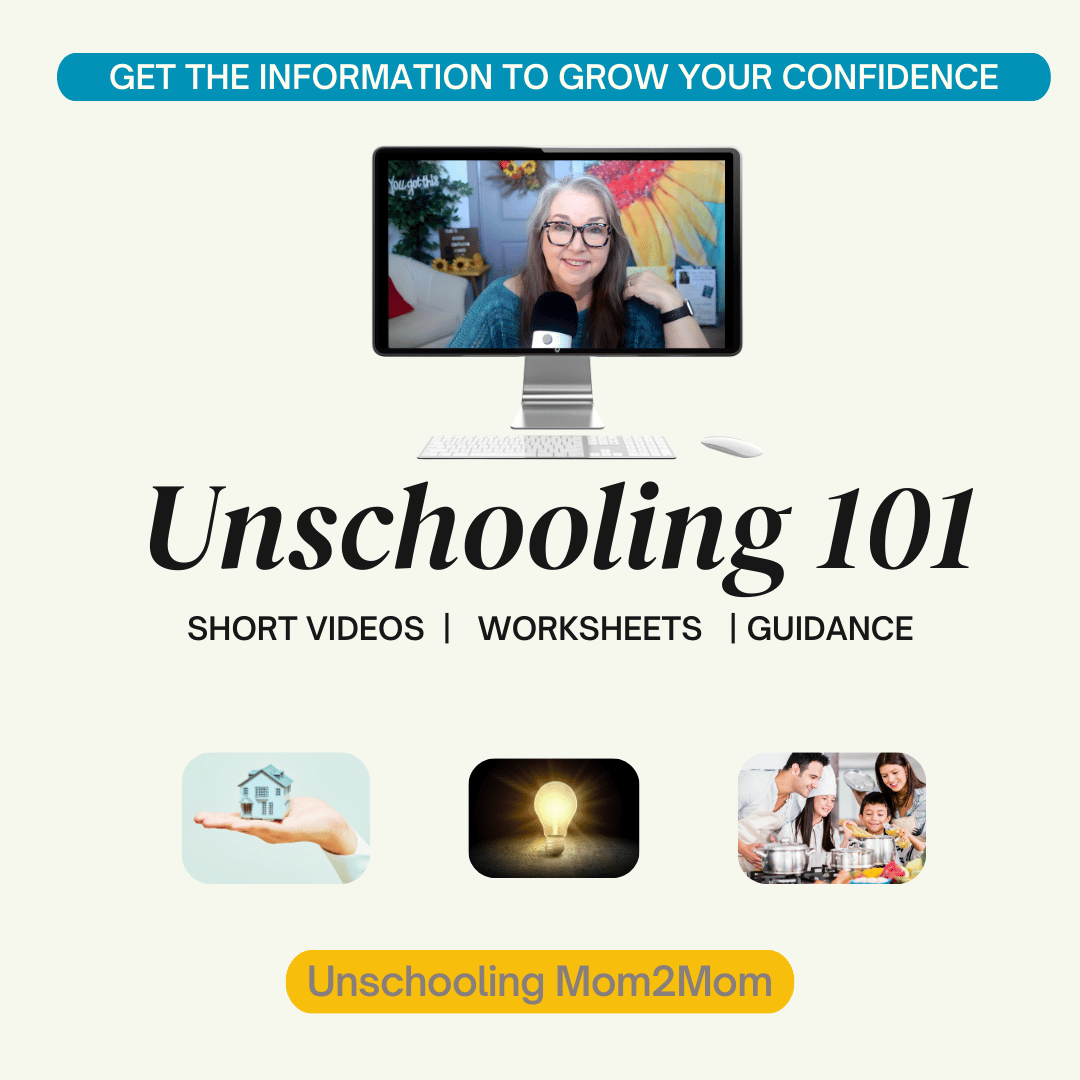 Promotional graphic for Unschooling 101.  Features a monitor displaying a woman, plus text and icons.