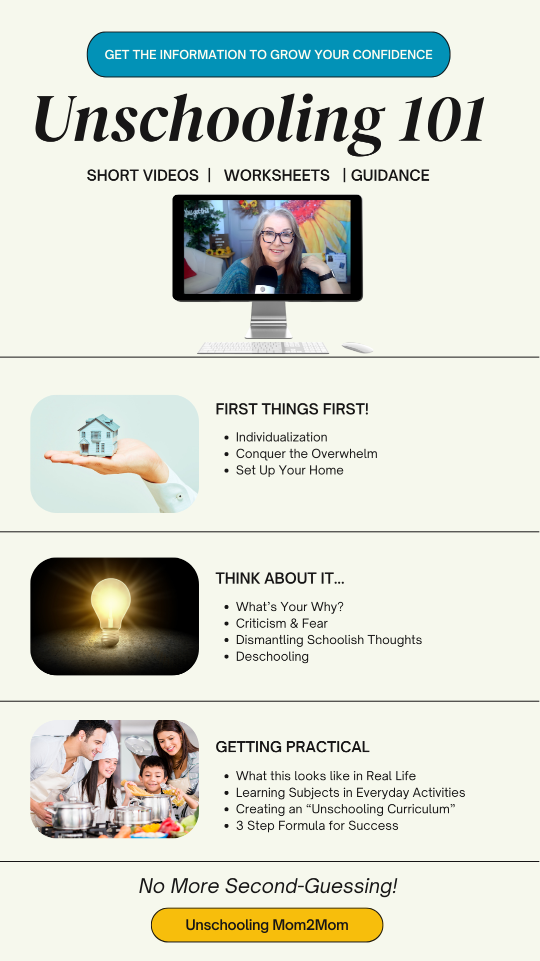 Unschooling 101 course advertisement with video, house, lightbulb, family. Includes short videos, worksheets, and bonus content.