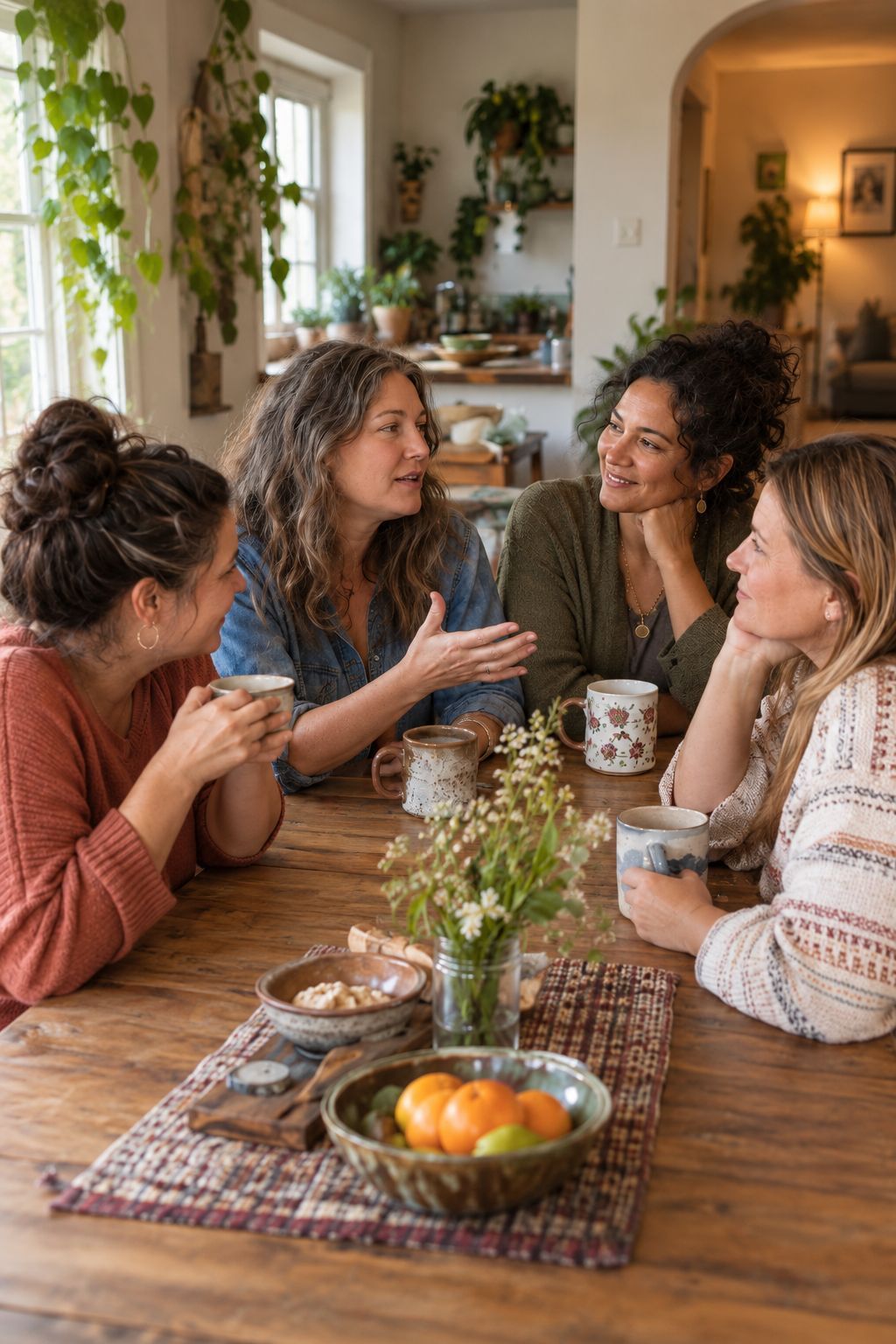 Four women chatting over coffee at a wooden dining table in a cozy, plant-filled home