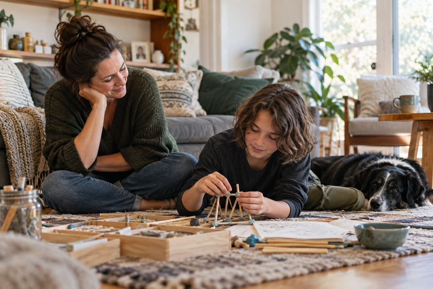 Woman and child crafting at a table in a cozy living room while a dog rests nearby