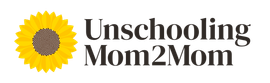 Logo with a yellow sunflower and the text “Unschooling Mom2Mom”
