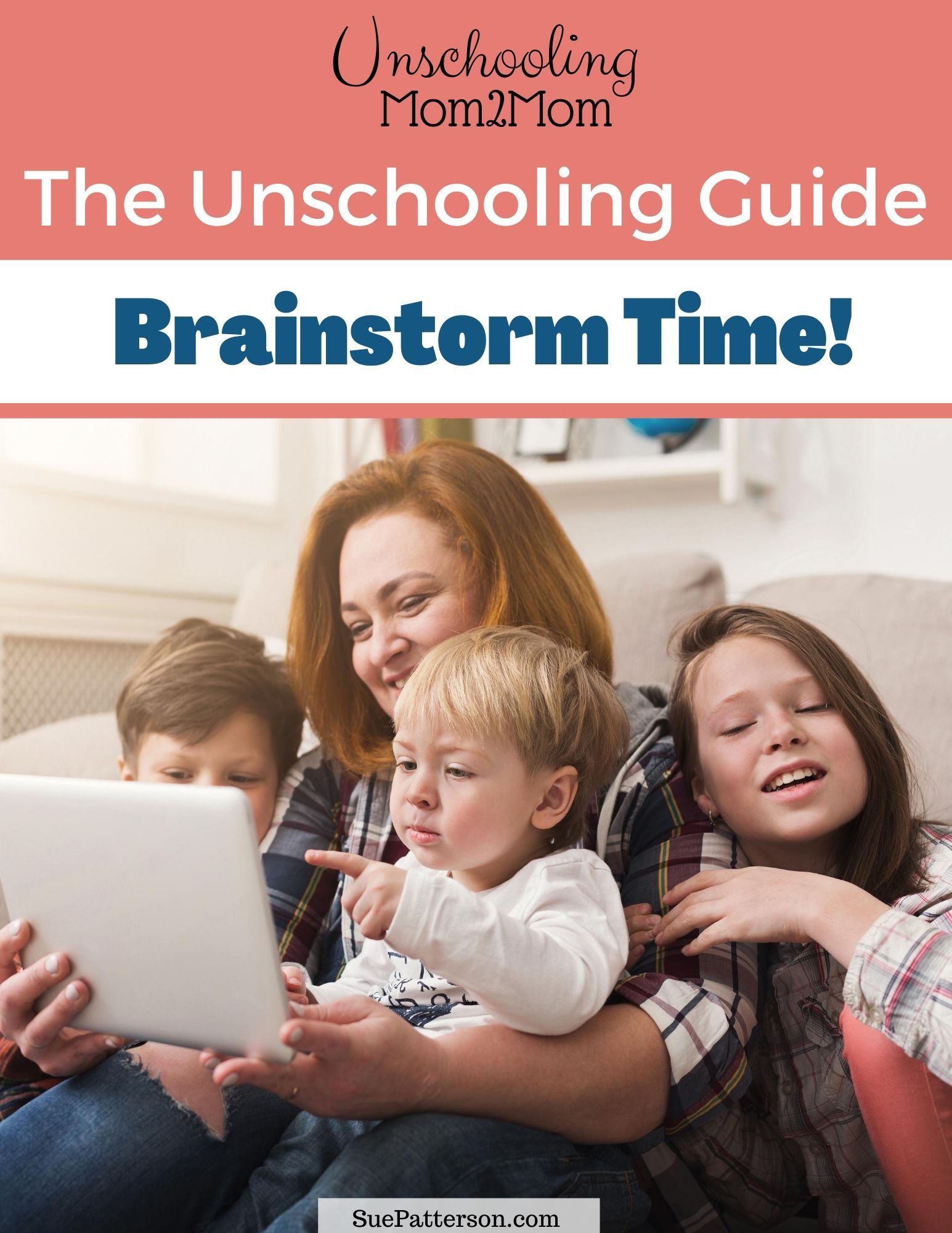 Family brainstorming together, looking at laptop. Mom smiling, children pointing.