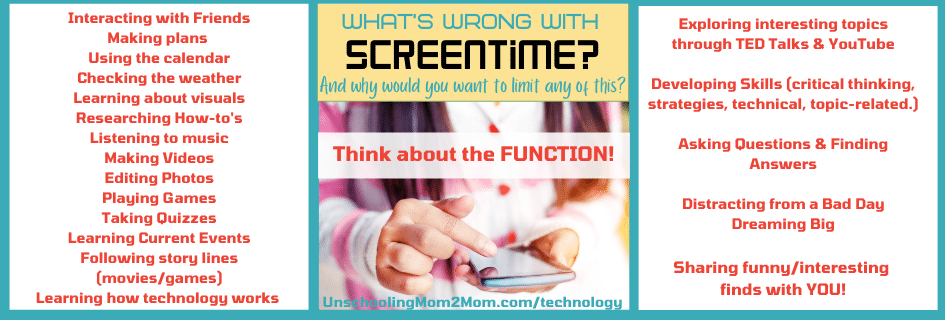 Infographic about screentime. Lists activities and discusses the function of screen time.