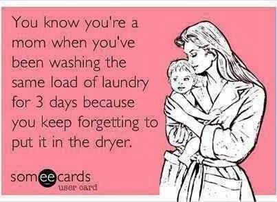 A humorous meme about motherhood shows a woman holding a baby with text,