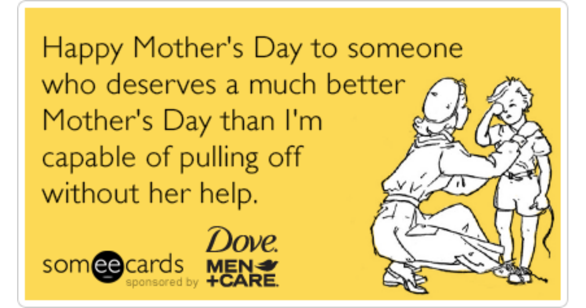Yellow ecard wishing a happy Mother's Day, with a person helping a child. Dove Men+Care logo.