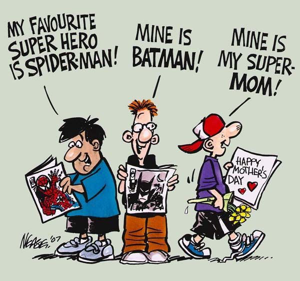 Three boys holding comic books and a Mother's Day sign, talking about their favorite heroes, including
