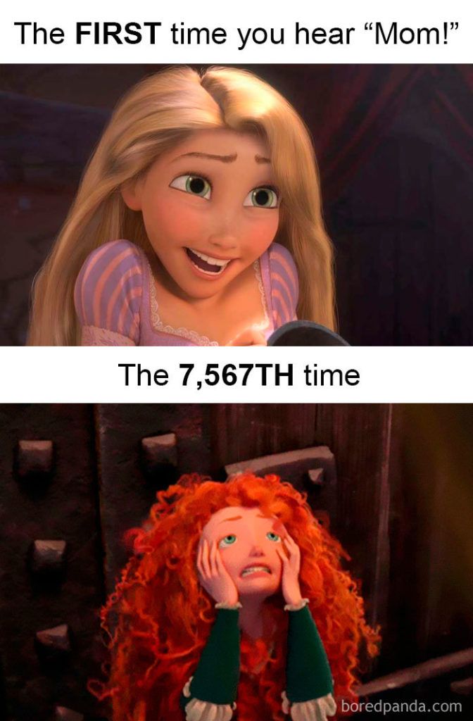 Two panels: First time hearing “Mom!” - smiling Rapunzel. 7,567th time - panicked Merida.