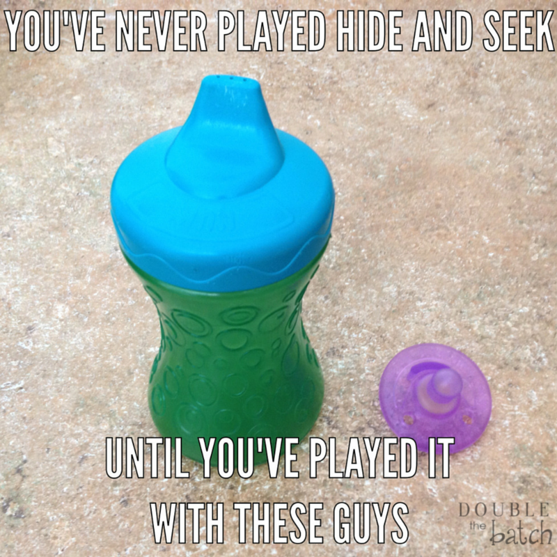 Green and blue baby bottle with a purple pacifier, text: “You've never played hide and seek until you’ve played it with these guys.”
