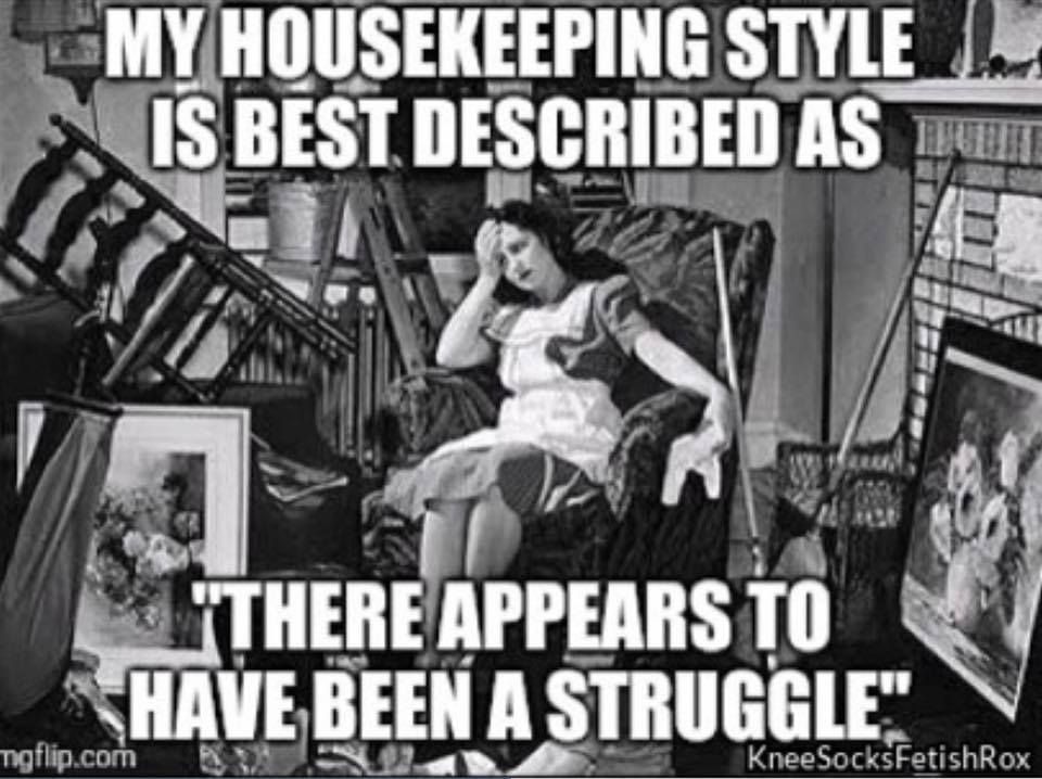 Woman in a messy room, looking stressed. Text reads
