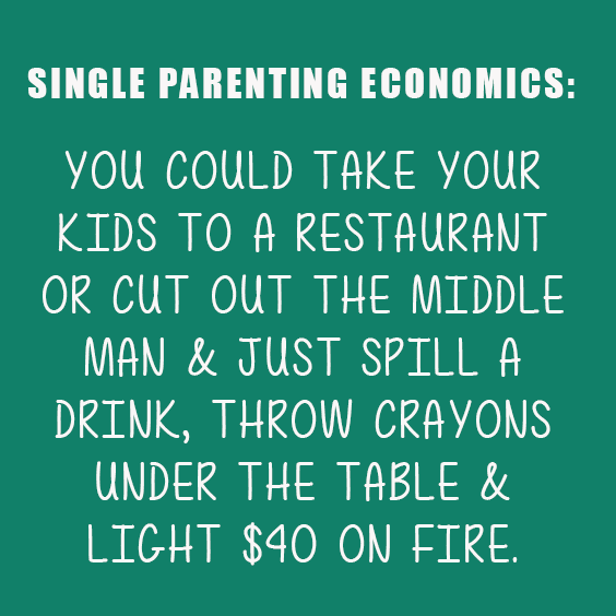 Text on a green background: Single parenting economics - choose between restaurant or