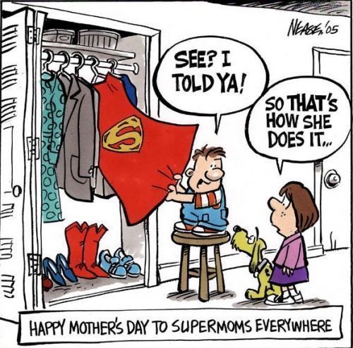 Cartoon: Boy holding a Superman cape, showing a girl that her mother is a