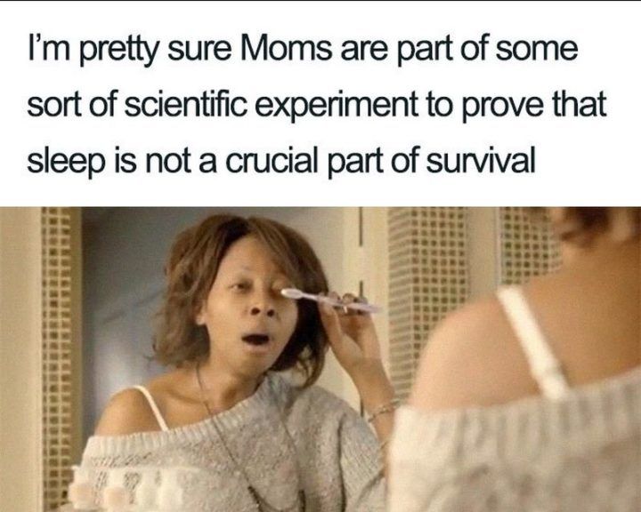 Text over a photo of a woman applying makeup with tired expression; text reads,