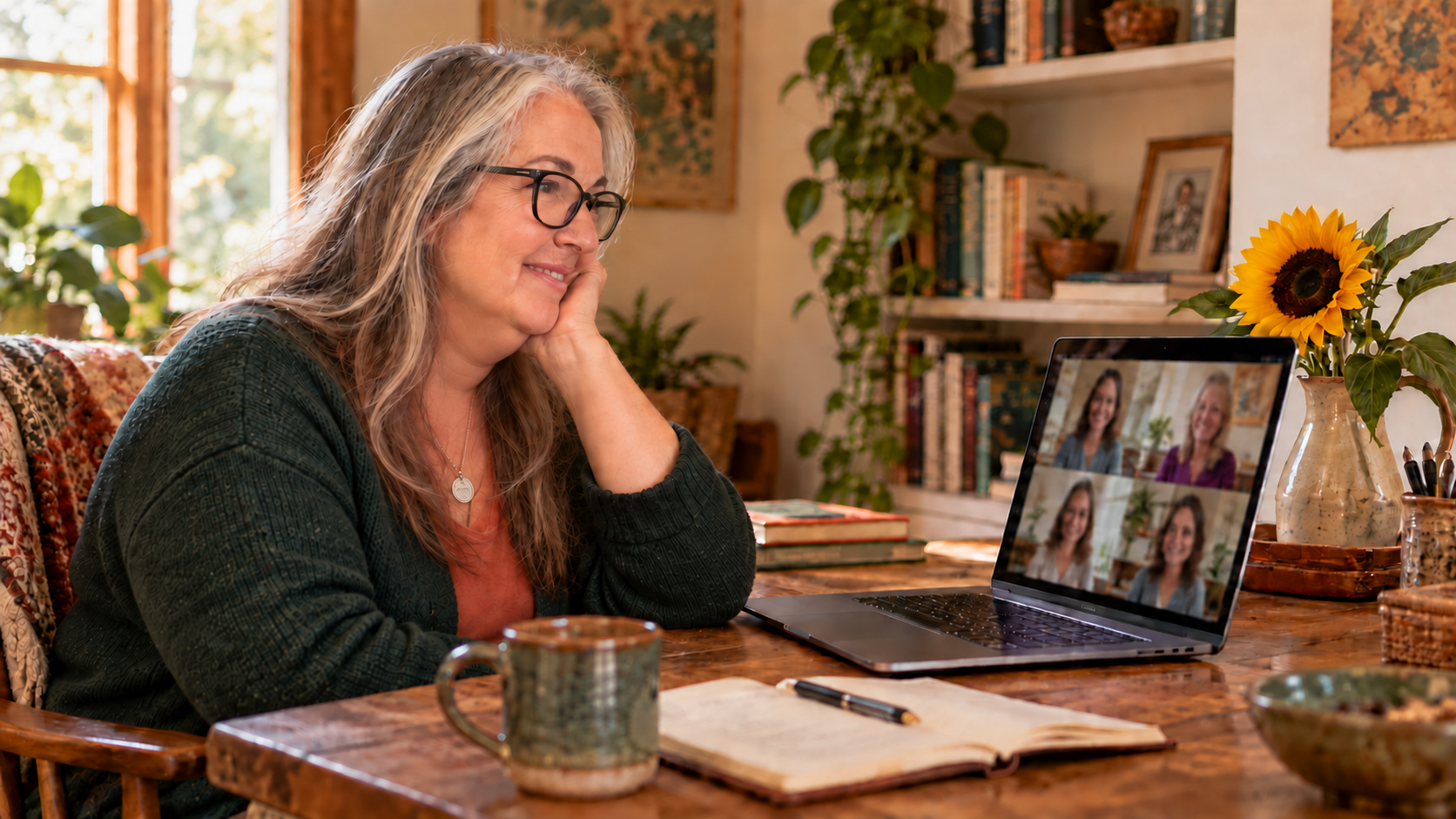 Woman smiling at a wooden table, working on a laptop with a notebook, mug, and sunflower in a cozy home office.